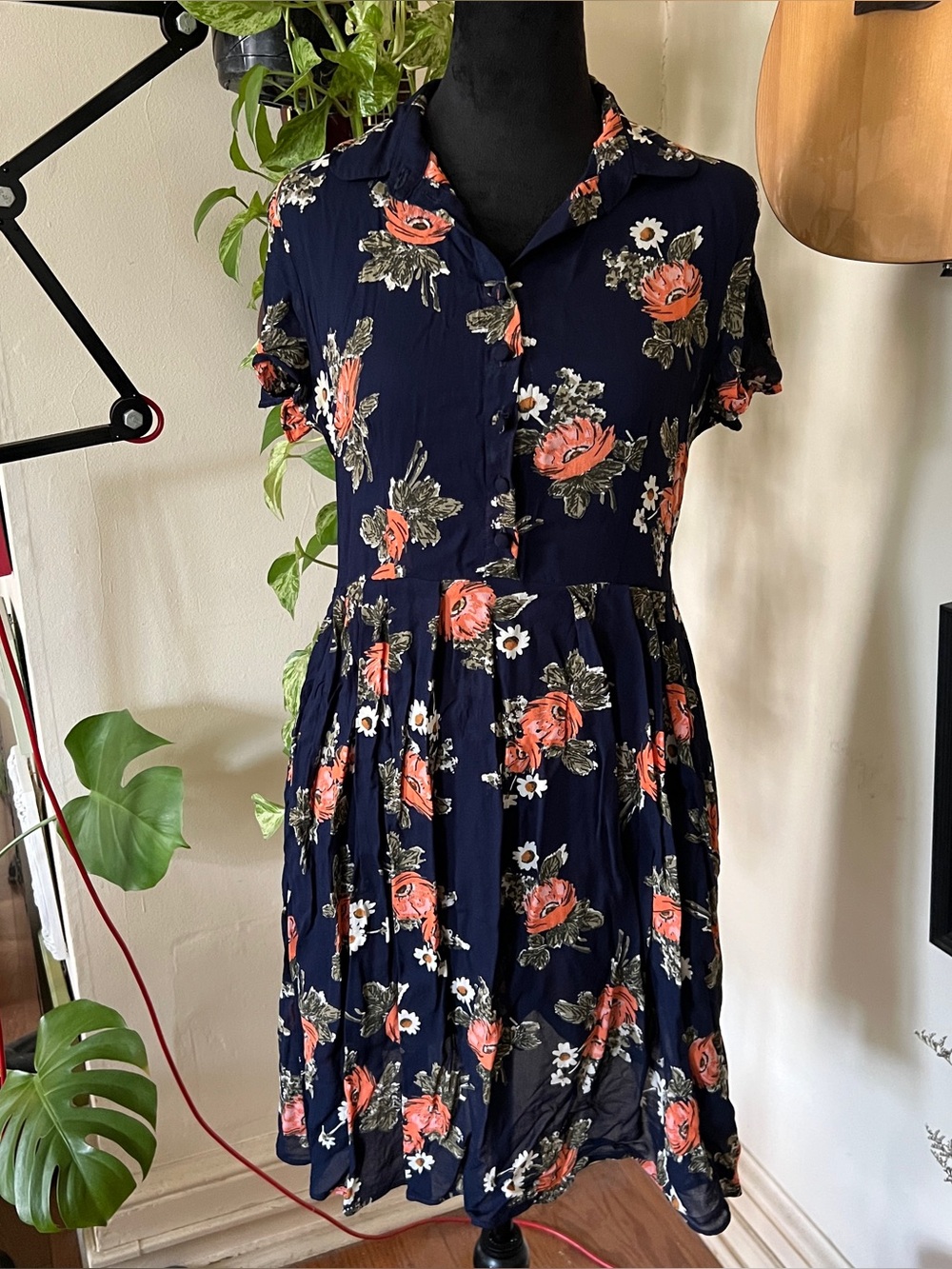 Reformation Navy Orange Floral Collared Shirt Sleeved Dress - Size 8P